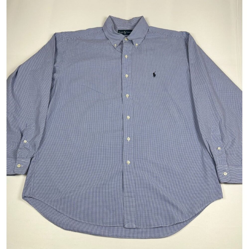 Vintage Ralph Lauren Blake Men L Blue and White Gingham Check Long Sleeve Shirt